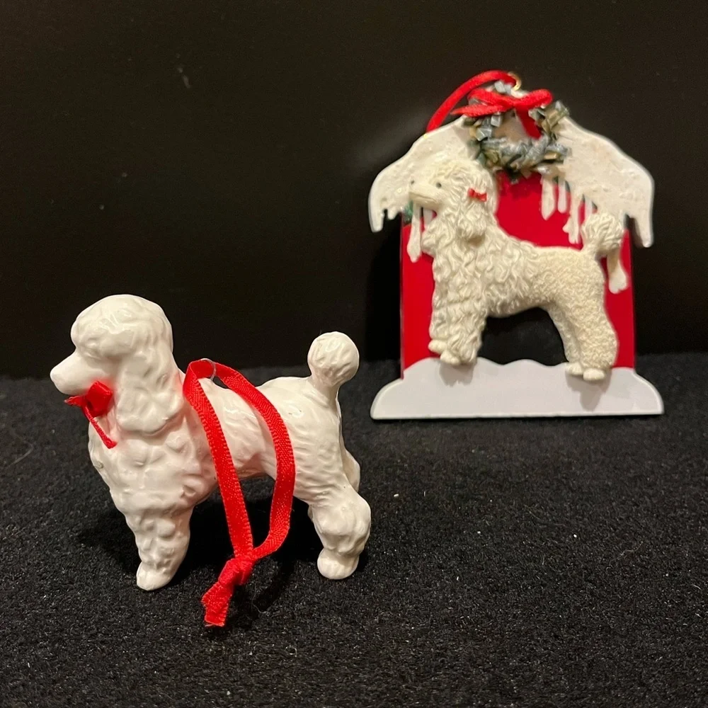 Vintage Holiday Poodle Ornament Set - Red and White